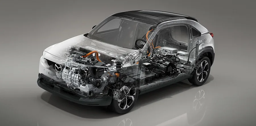 Illustration över PHEV drivlinan i Mazda MX-30 R-EV